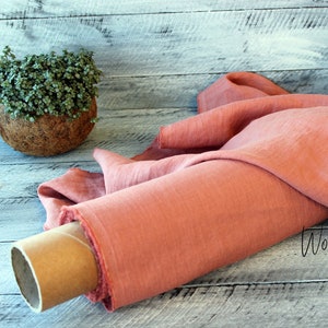 100% linen fabric / pink soft washed flax by meter or yard / salmon softened linen for sewing / rose stonewashed medium weight organic linen image 1