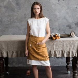 Linen apron for women. Mustard linen half apron with pockets. Unisex soft linen apron. Handmade midi cafe apron