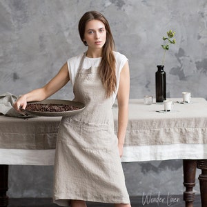 Linen apron. Natural linen full apron with pockets. Soft linen kitchen apron for women and man. Custom color image 1