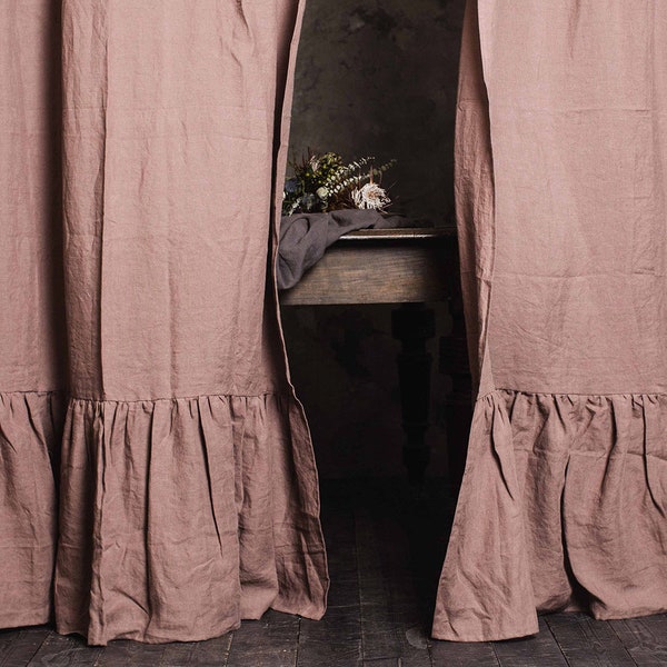 Linen ruffle curtains 1 PANEL. Woodrose washed soft flax drapes with ruffles. Stonewashed linen custom size curtains.  Farmhouse decor