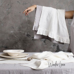 Linen tea towel. White linen hand towel with ruffles. Gray stonewashed soft dish towel. Kitchen ruffle towel. Natural linen dishclothes image 1