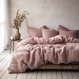Woodrose Linen Bedding Bet, Pink King, Queen, Twin size Bedding, Custom Size Duvet Cover with Buttons and 2 Envelope Pillow Cases