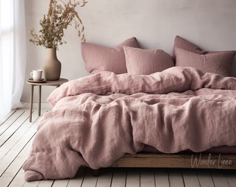 Juego de ropa de cama Woodrose Linen - Funda nórdica tamaño King o Queen de color rosa antiguo con cierre de botón y 2 fundas de almohada tipo sobre