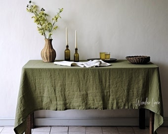 Olijflinnen tafelkleed. Gewassen zacht linnen tafelkleed. Groen stonewashed linnen tafelkleed op maat. Natuurlijk eettafelkleed