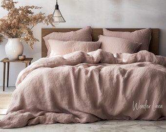 Dusty rose Linen bedding set - Light pink King or Queen size duvet cover with button closure and 2 envelope pillow cases