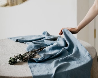 Linen table runner. Washed soft linen table runner in blue. Dusty blue stonewashed linen custom size wedding runner. Natural table decor