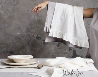 Geschirrtuch aus Leinen. Weißes Leinenhandtuch mit Rüschen. Graues stonewashed weiches Geschirrtuch. Küchen Rüschentuch. Natürliche Leinen Spültücher