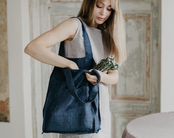 Linen shopping bag. Reusable grocery shopping basket. Denim blue linen tote bag with pockets. Beach, gym, travel tote bag. Linen handbag