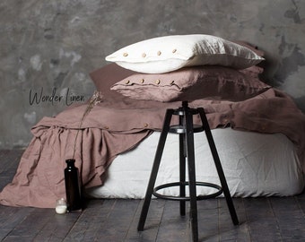 Linen pillowcase with buttons. Washed soft linen king bedding. Stonewashed queen sandard deco linen pillow cover with button closure