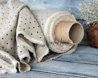 Natural linen with black dots / linen fabric / washed flax by meter or yard 100% linen / softened linen for sewing / stonewashed polka dot