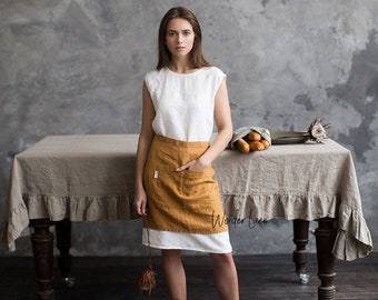 Linen apron for women. Mustard linen half apron with pockets. Unisex soft linen apron. Handmade midi cafe apron