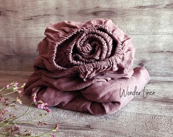 Linen fitted sheet. Washed soft linen king bedding. Woodrose stonewashed queen linen fitted sheet.Custom size fitted sheet in dusty rose