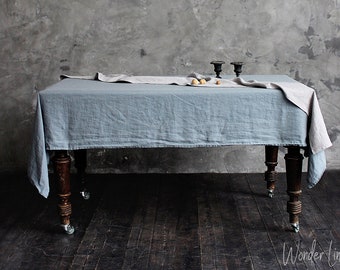 Linen tablecloth. Washed soft linen table cloth. Blue stonewashed linen custom size tablecloth. Natural dinnig tablecloth