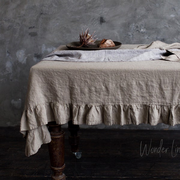 Linen ruffle tablecloth. Washed soft linen table cloth. Natural stonewashed linen custom size tablecloth with ruffles