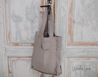 Linen shopping bag. Reusable grocery shopping basket. Natural linen tote bag with pockets. Beach, gym, travel tote bag. Linen handbag