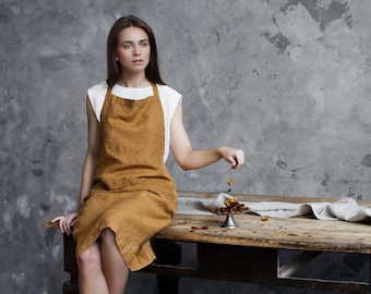 Linen apron. Mustard linen full apron with pockets. Soft linen kitchen apron for women and man. Custom color. Mother&#39;s day gift