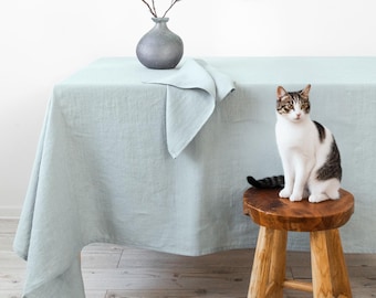 Blue lace Linen tablecloth. Washed soft linen table cloth. Blue stonewashed linen custom size tablecloth. Natural wedding dining table decor