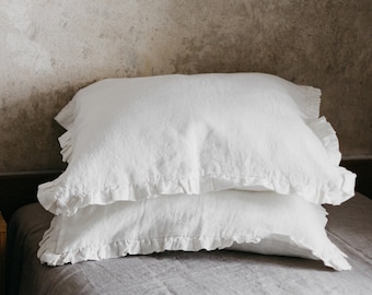 Linen pillowcase with ruffles. Washed soft ruffled linen king bedding. Natural stonewashed farmhouse queen linen pillow cover