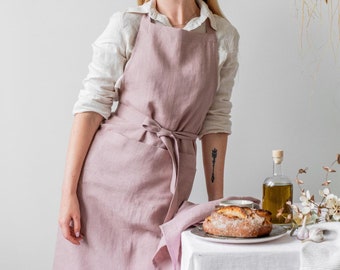 Woodrose linen apron. Natural linen full apron with pockets. Soft linen kitchen apron for women and man. Custom color. Mother's day gift