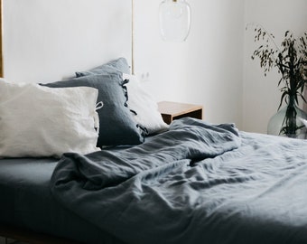 Linen bedding set. King or Queen size duvet cover and 2 pillow cases with ties in dusty blue, gray, woodrose, white