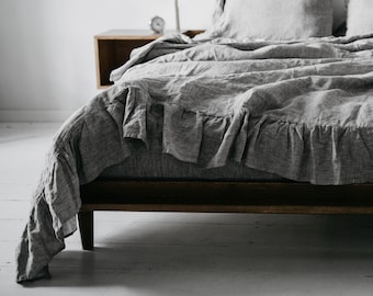 Linen duvet cover with ruffle. Washed soft linen king bedding. Natural stonewashed queen linen ruffled duvet cover