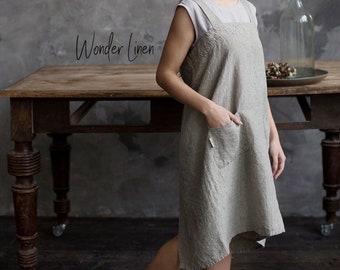 Linen pinafore apron. Natural linen cross back apron with pockets. Japanese soft linen apron fow women