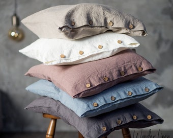 READY TO SHIP. Linen pillowcase with buttons. Natural stonewashed queen linen pillow cover with button closure