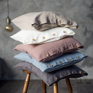Linen pillowcase with buttons. Washed soft linen king bedding. Natural stonewashed queen linen pillow cover with button closure