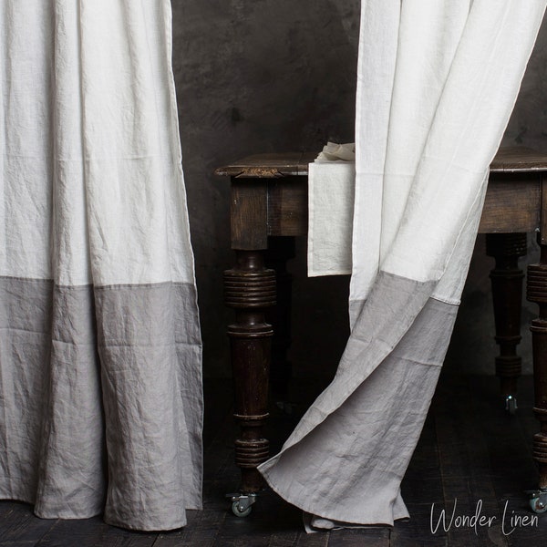 Linen curtains color block 1 PANEL. White gray washed drapes in custom color. Stonewashed linen custom size window curtains. Farmhouse décor
