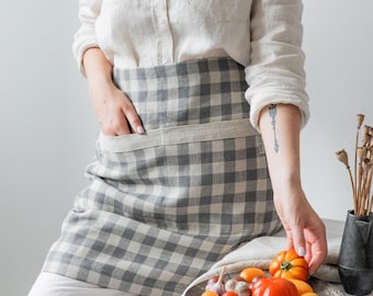 Natural gray checks apron for women. Linen half apron with pockets. Unisex soft linen apron. Handmade midi cafe apron. Mother's day gift