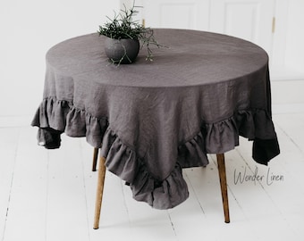 Gray Linen ruffle tablecloth. Charcoal washed soft table cloth. Natural stonewashed linen custom size tablecloth. Wedding table decor
