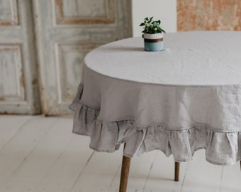 Round Linen ruffle tablecloth. Gray washed soft table cloth. Natural linen custom size tablecloth with ruffles. Wedding table decor