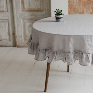 Round Linen ruffle tablecloth. Gray washed soft table cloth. Natural linen custom size tablecloth with ruffles. Wedding table decor