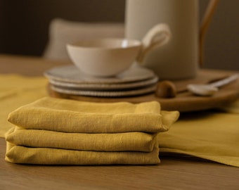 Linen napkin. Washed soft linen table napkin. Moss yellow wedding table décor