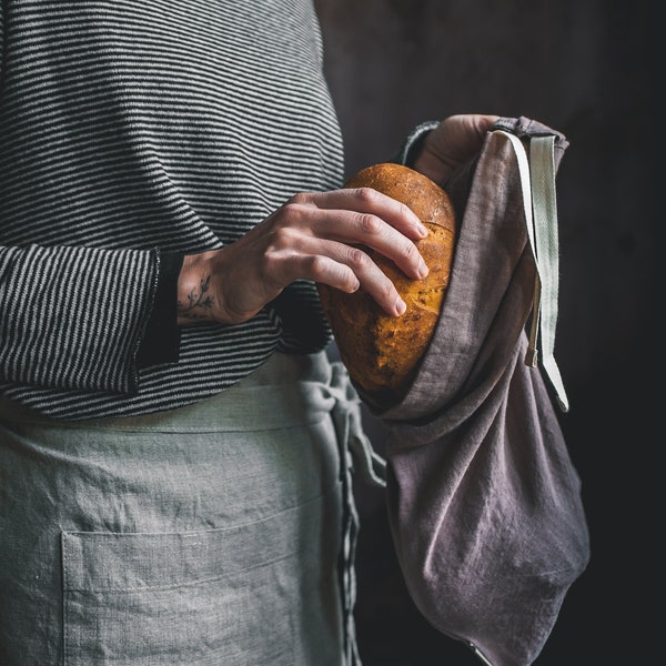 Linen food storage bag. Washed soft linen bread bag with drawstring. Natural stonewashed linen reusable kitchen bag . Linen bread keeper