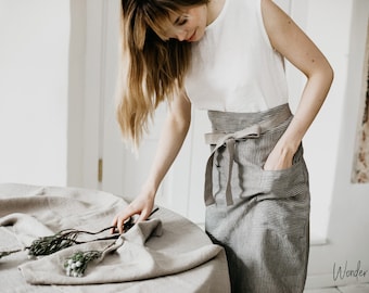 Linen apron for women. Natural gray stripes linen half apron with pockets. Striped unisex soft linen apron. Handmade midi cafe apron