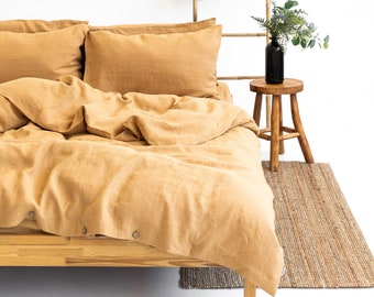Linen duvet cover with buttons in mustard. Washed soft linen king bedding. Natural tan stonewashed queen, custom size linen sheet