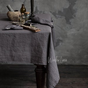 Linen tablecloth. Washed soft linen table cloth. Gray stonewashed linen custom size tablecloth. Natural dining tablecloth image 2