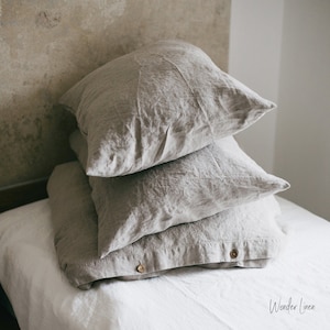 Gray Linen bedding set. King or Queen size duvet cover with button closure and 2 envelope pillow cases natural