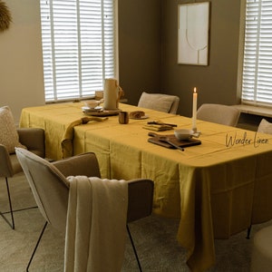 Linen tablecloth. Washed soft linen table cloth. Moss yellow stonewashed linen custom size tablecloth. Natural dining tablecloth