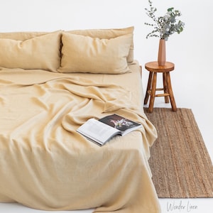 Linen sheet set. Washed soft linen twin, double, queen, king bedding in chamomile. Pale yellow beige sheet set. Custom size