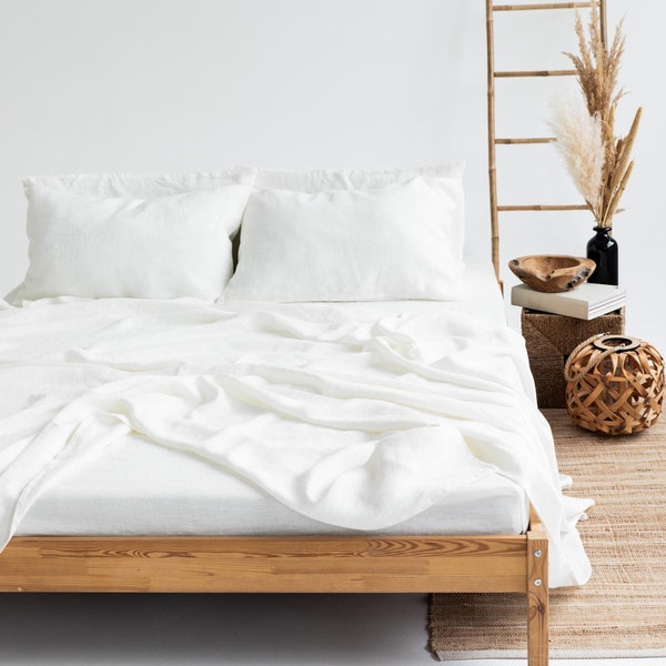 Linen sheet set. Washed soft linen twin, double, queen, king bedding. White, cream, ivory sheet set.