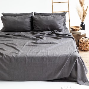 Linen sheet set. Washed soft linen twin, double, queen, king bedding in charcoal. Dark gray linen sheet set.