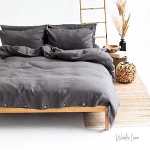 Gray Linen bedding set. King or Queen size duvet cover with button closure and 2 envelope pillow cases