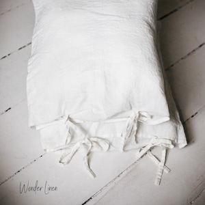 Linen pillowcase with ties. Washed soft linen king bedding. White stonewashed queen linen pillow cover with ribbon ties