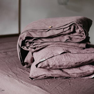 Conjunto de cama de linho - Capa de edredom tamanho King ou Queen com fecho de botão e 2 fronhas tipo envelope em madeira de acácia