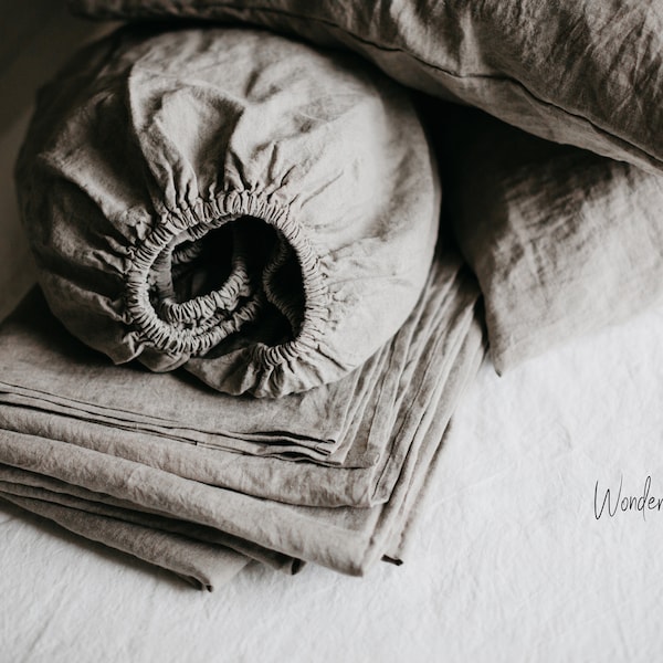 Linen sheet set. Washed soft linen twin, double, queen, king bedding. Natural flax sheet set.