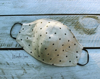 Linen face mask. Black dots fabric reusable mask. Stonewashed soft anti dust mask. Face protecting cover. Natural linen breathable mask