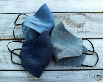 Linen face mask. Blue fabric reusable mask. Navy stonewashed soft anti dust mask. Denim face protecting cover. Natural linen breathable mask