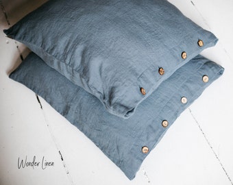 Blue Linen pillowcase with buttons. Washed soft linen king bedding. Stonewashed queen sandard deco linen pillow cover with button closure
